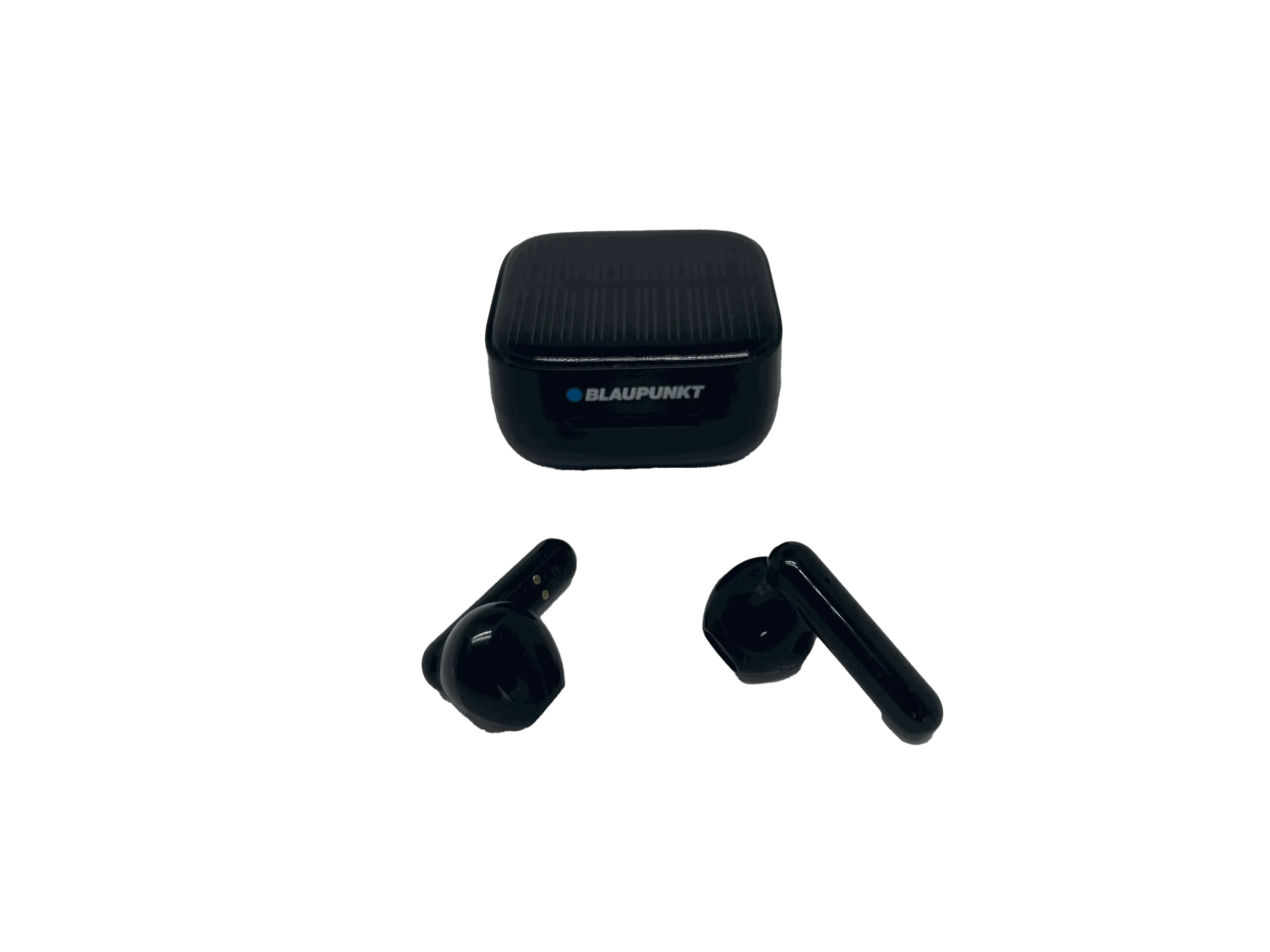 Schwarze TWS 40-Kopfhörer vor ihrem offenen Ladecase auf transparenten Hintergrund.