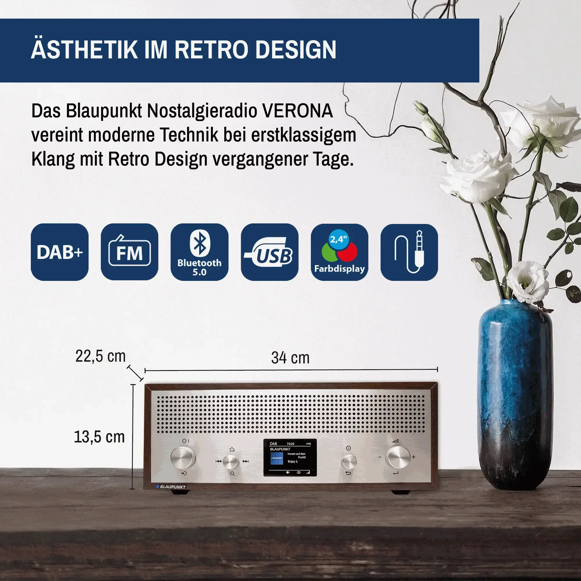 Nostalgieradio mit DAB+ und Bluetooth | VERONA Walnuss - Blaupunkt Audio Deutschland Radio Walnuss