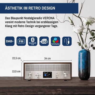 Nostalgieradio mit DAB+ und Bluetooth | VERONA Walnuss - Blaupunkt Audio Deutschland Radio Walnuss