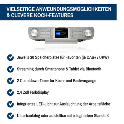 Blaupunkt Küchenradio mit DAB+ und Bluetooth, 2,4" Farbdisplay, LED-Licht, 2 Countdown-Timer, unterbaufähig oder aufstellbar, silber