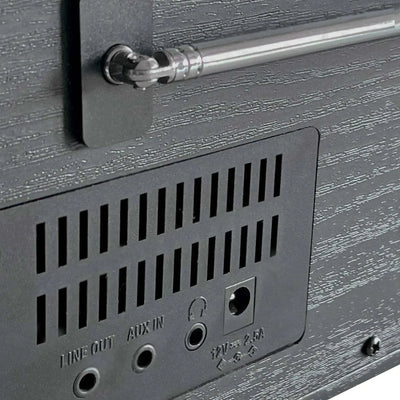 Anschlüsse und Bedienelemente eines Holzgehäuses des Internetradios mit DAB+ Blaupunkt Napoli