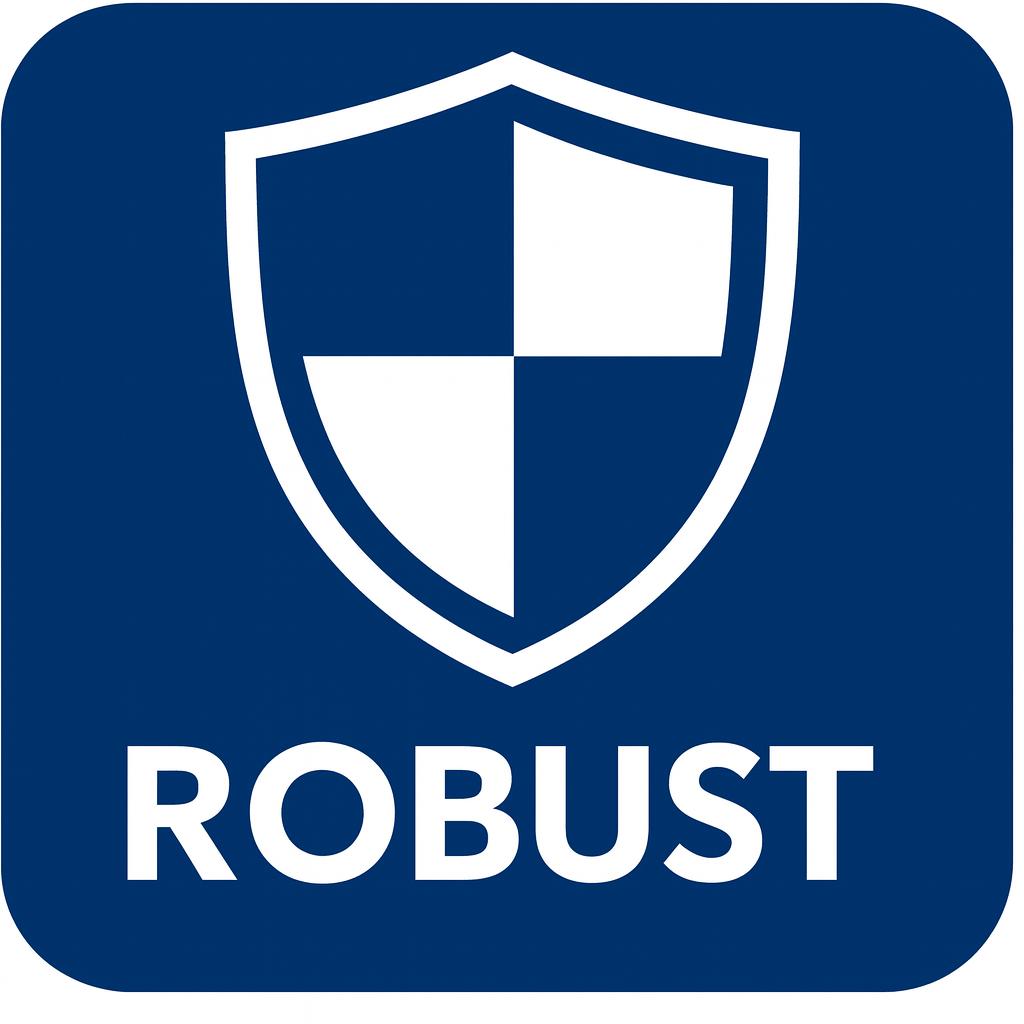 Icon auf blauem Hintergrund mit weißem Schild-Motiv und dem Schriftzug „Robust“ darunter.