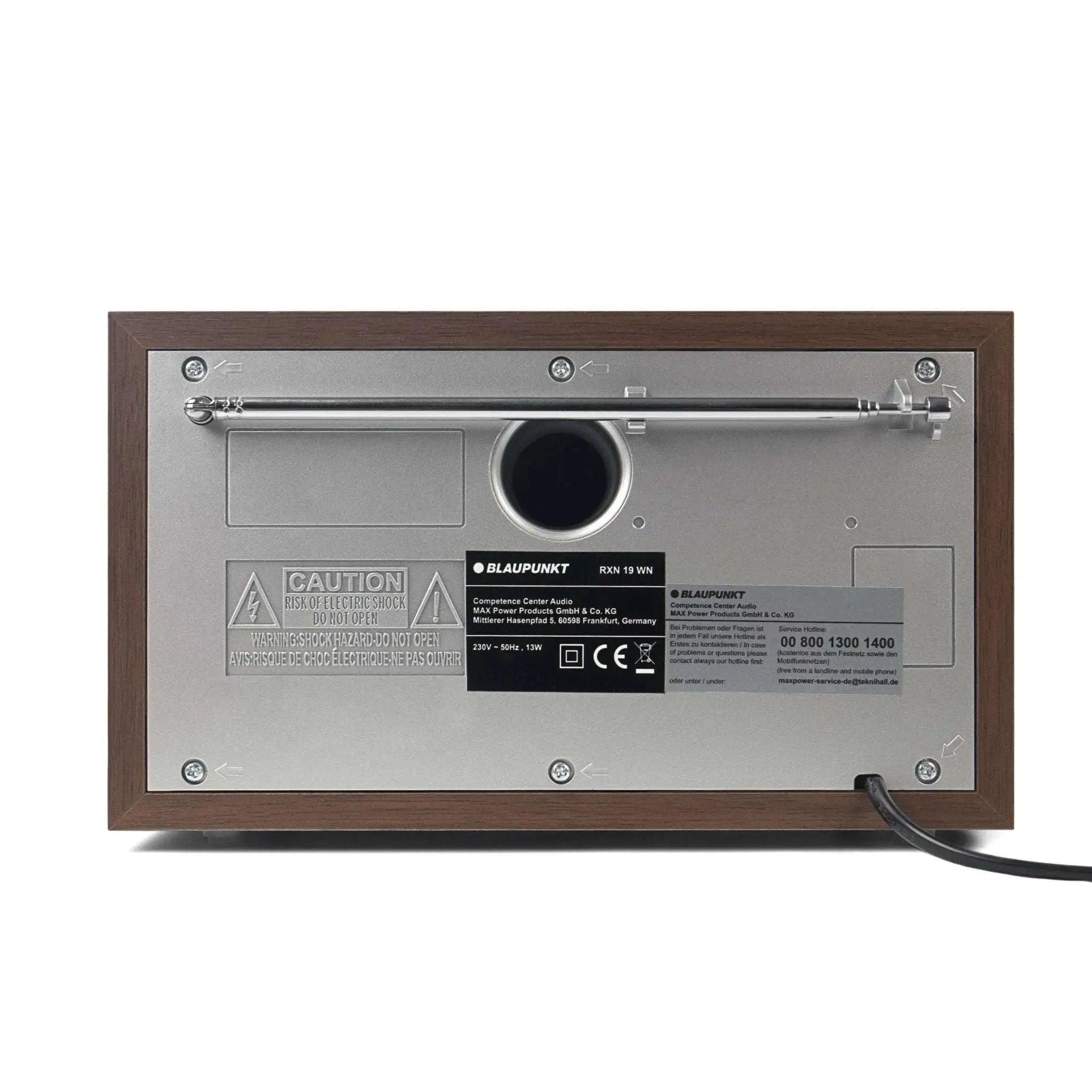 Rückseite des Blaupunkt RXN 19 Nostalgieradios mit Teleskopantenne und Holzgehäuse