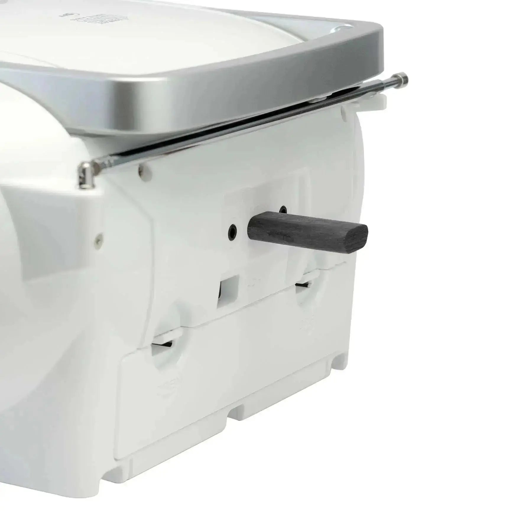 Weißer Kinder-Boombox mit CD-Player, USB, Bluetooth und Kassettendeck, tragbar mit Teleskopantenne.