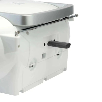 Weißer Kinder-Boombox mit CD-Player, USB, Bluetooth und Kassettendeck, tragbar mit Teleskopantenne.