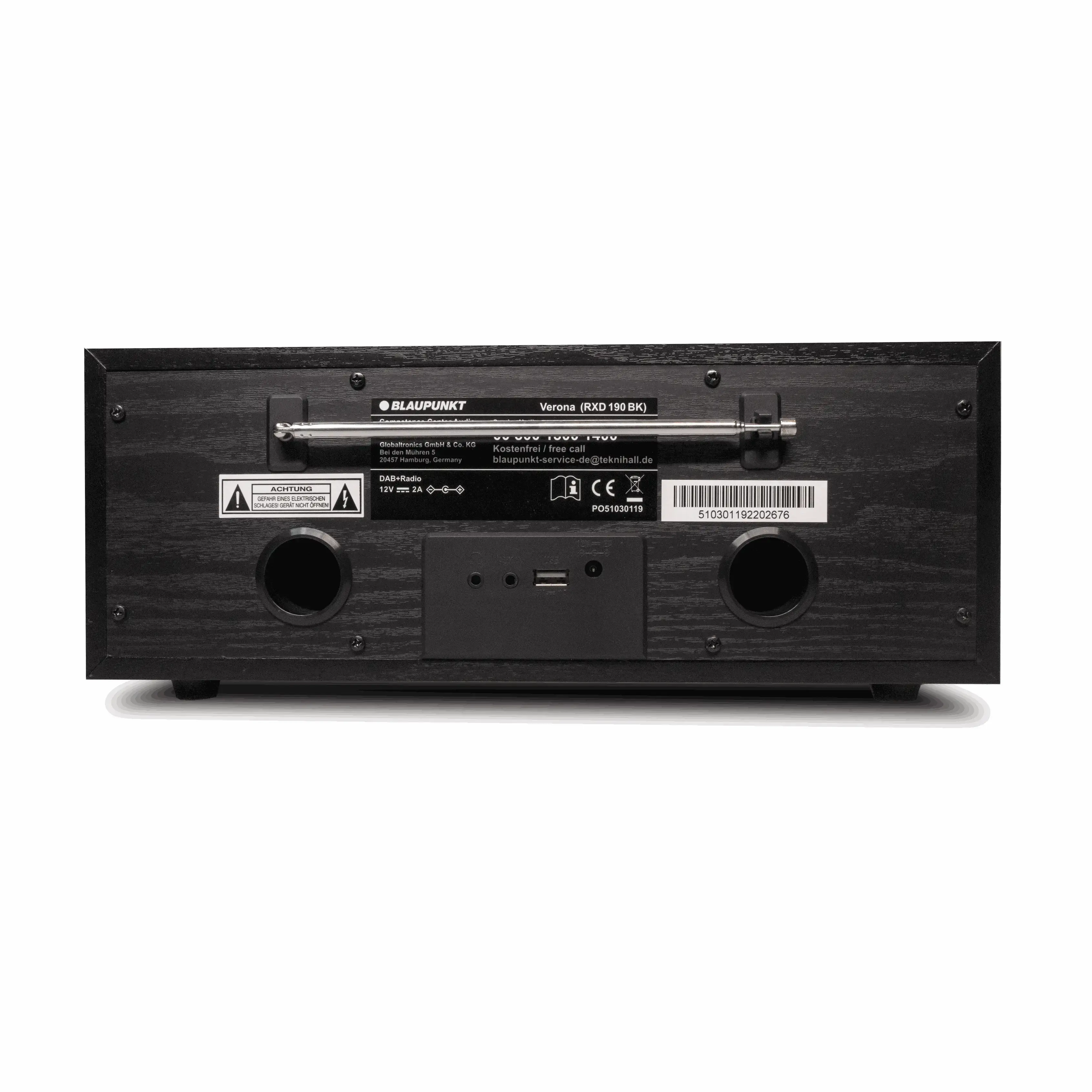 Rückseite des schwarzen Nostalgieradios mit DAB+ und Bluetooth Verona von Blaupunkt mit USB-Port und Teleskopantenne