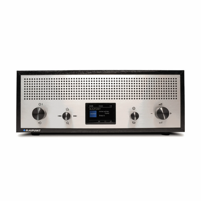 Schwarzes Nostalgieradio mit DAB+, Bluetooth, Aluminiumfront und Holzkorpus von Blaupunkt.