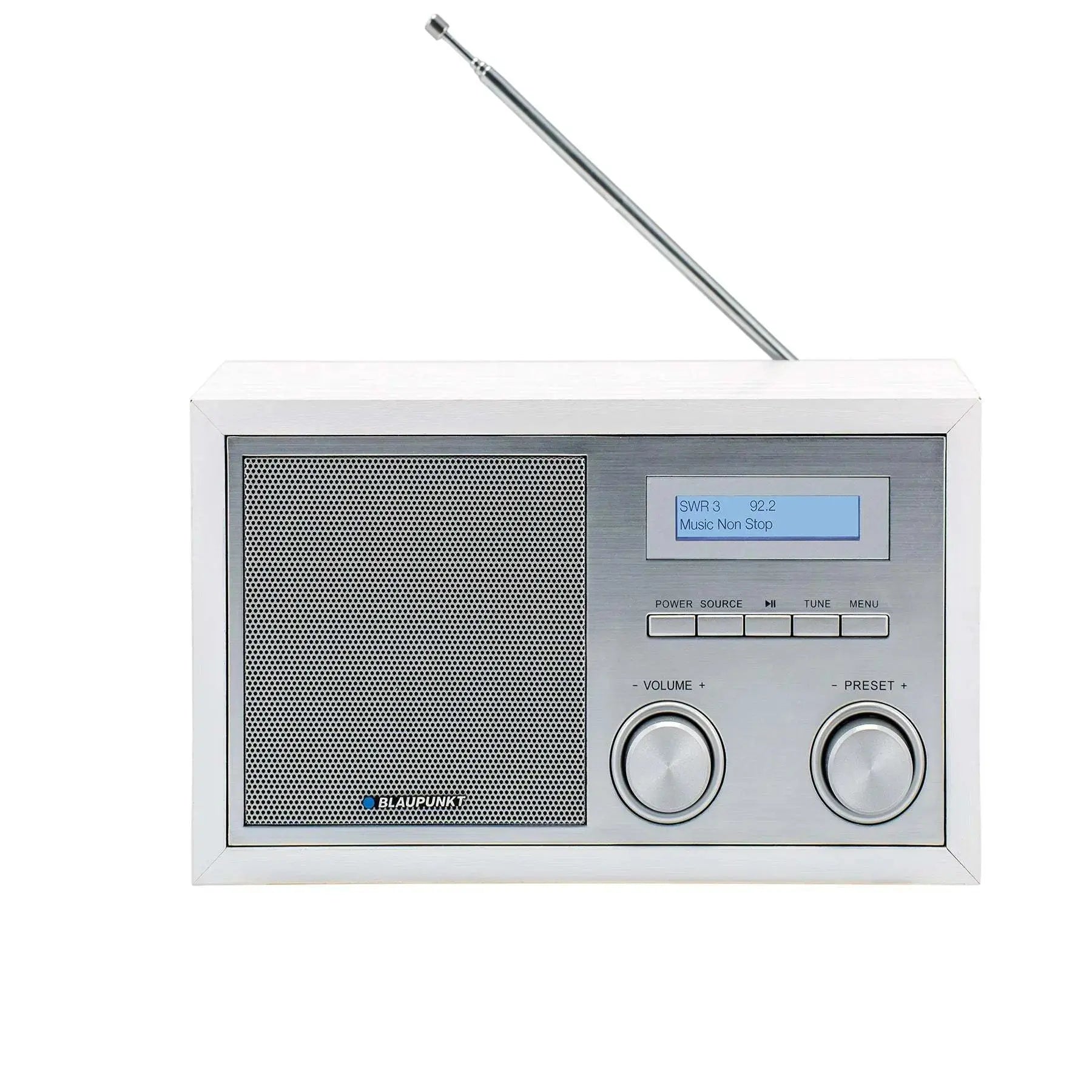 Nostalgieradio mit DAB+ und Bluetooth in weißem Holzgehäuse von Blaupunkt mit Aluminiumfront, LC-Display und Teleskopantenne