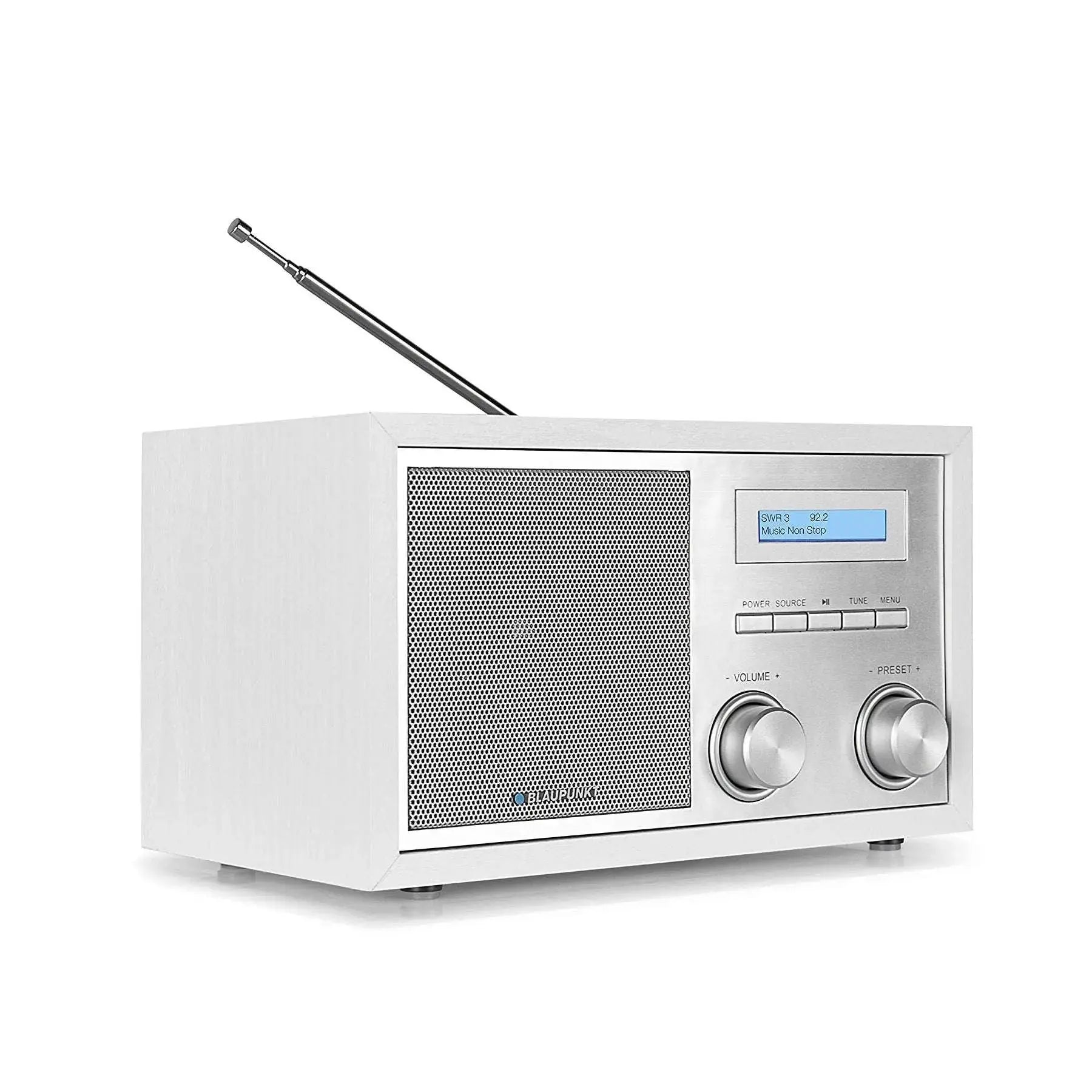 Weißes Nostalgieradio mit DAB+ und Bluetooth, Holzgehäuse und Aluminiumfront, Blaupunkt RXD 180