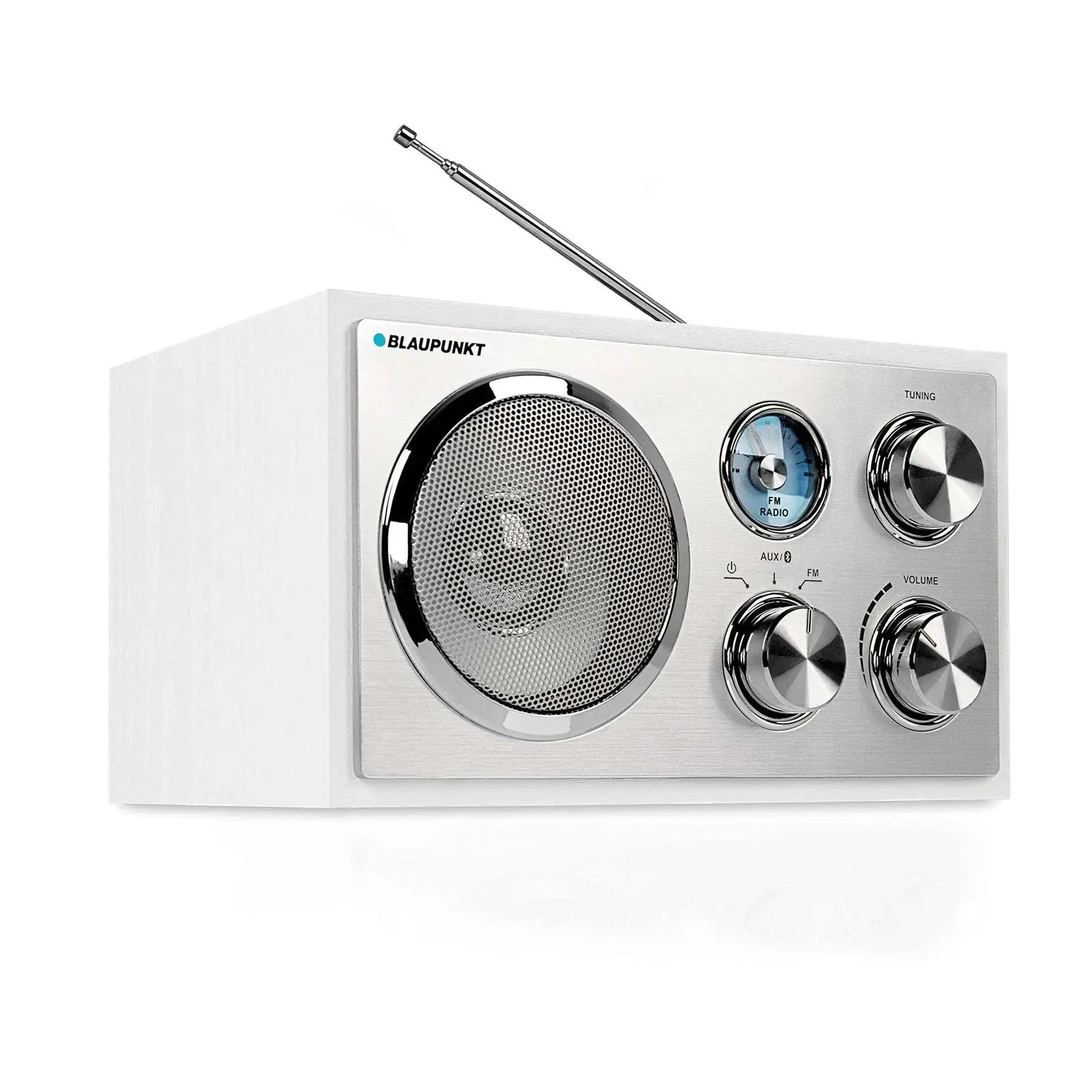 Weißes Nostalgieradio mit Bluetooth Blaupunkt RXN 180, Aluminiumfront und Holzkorpus, retro Design mit Drehreglern und Teleskopantenne